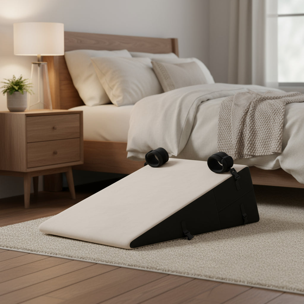 Beige and black ramp shaped product in a bedroom setting