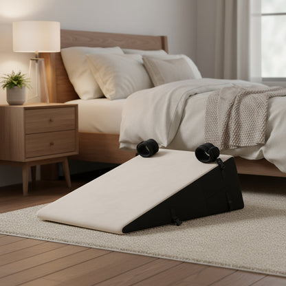 Beige and black ramp shaped product in a bedroom setting